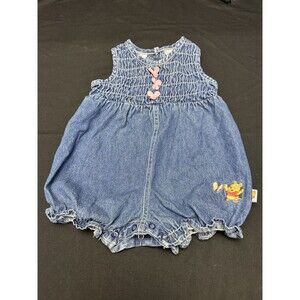 Vintage Winnie The Pooh Disney Denim Embroidered Romper Baby 3-6 Months 2000s